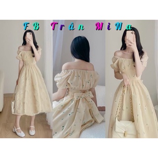 Đầm nude hoa cổ vuông bèo thắt nơ lưng
