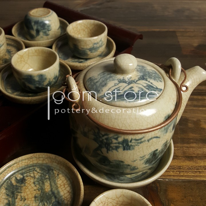 Ấm chén Bát Tràng men giả cổ dáng vại vẽ sơn thủy