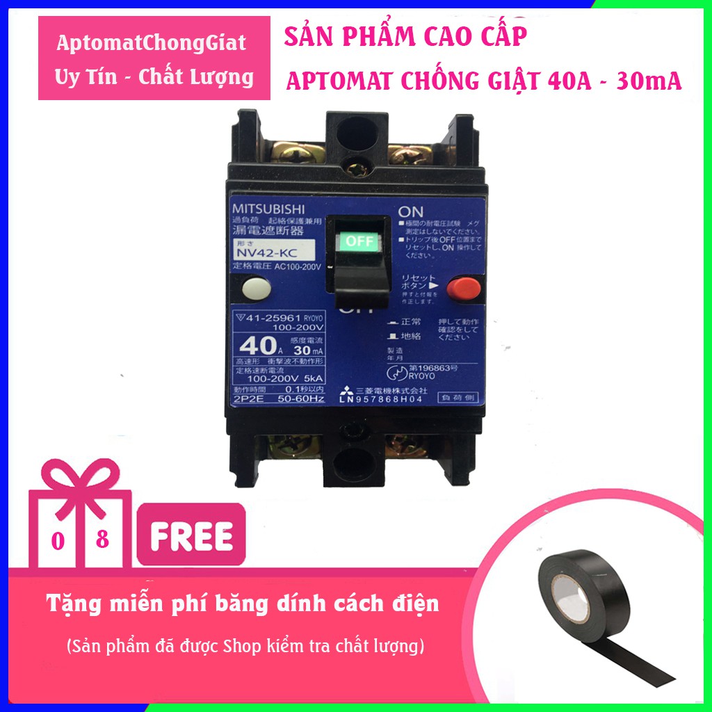 Aptomat chống giật đại 40A - 30mA, 50A-30mA hàng Mitsu Nhật bãi test chuẩn 100% - Át tô mát chống giật CD08