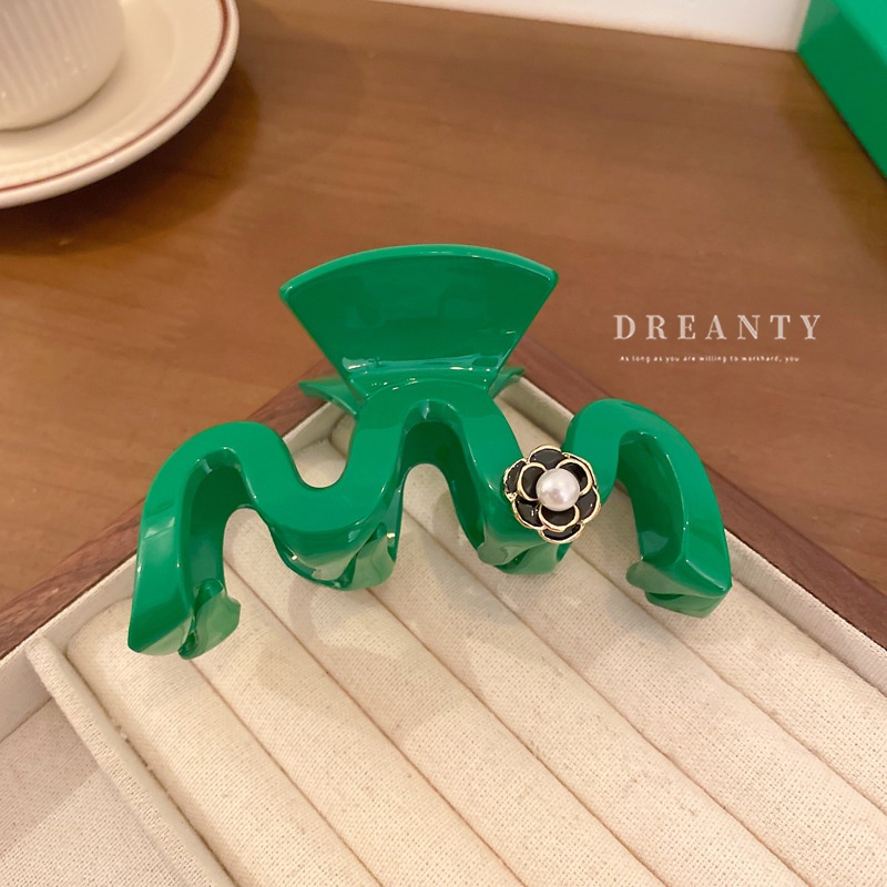 Kẹp Tóc Hình Hoa / Cá Mập Đính Ngọc Trai Giả Màu Xanh Lá Dễ Phối Đồ Thời Trang Cho Nữ