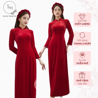Áo dài nhung đỏ cổ truyền thống 2 tà đính hạt viền tay và tà