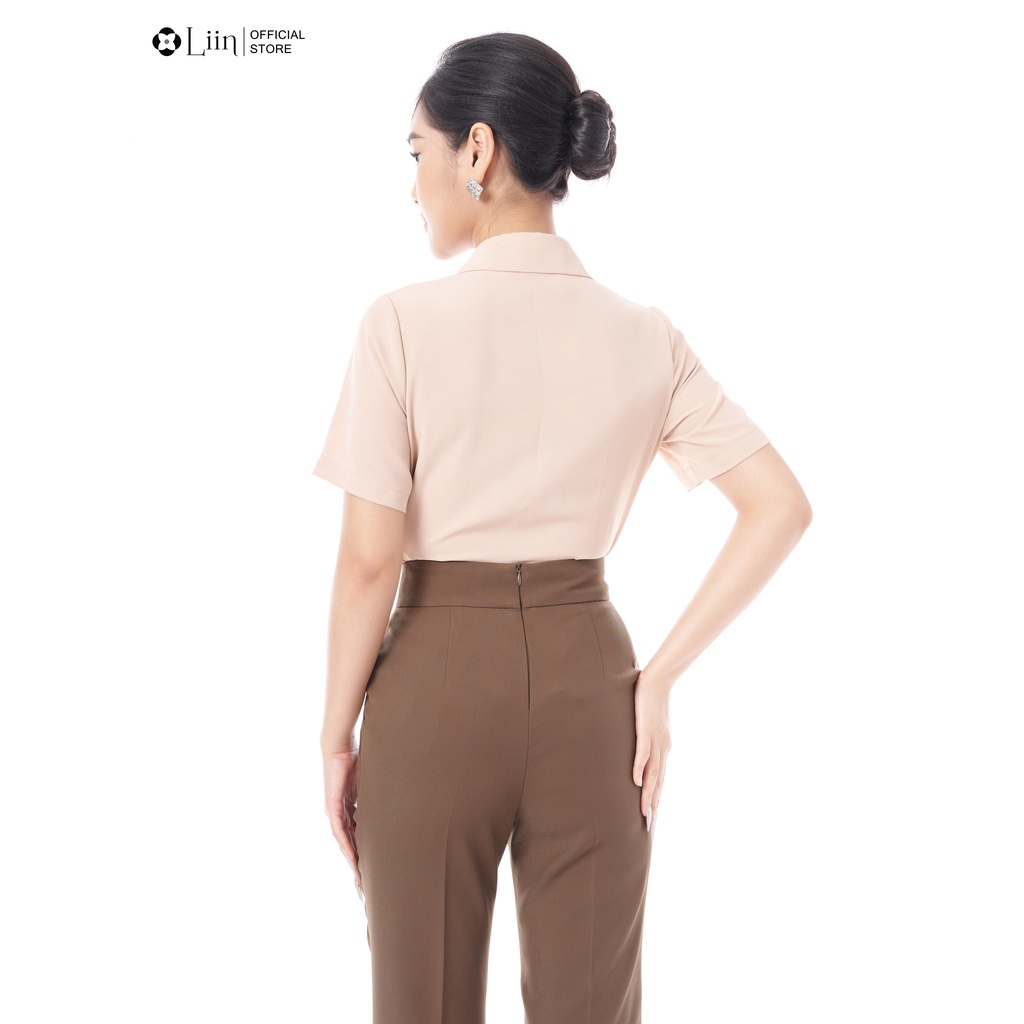 Áo sơ mi nữ cộc tay linbi cao cấp chất vải đũi cộc tay màu nâu phong cách thanh lịchLiin Clothing SM4384