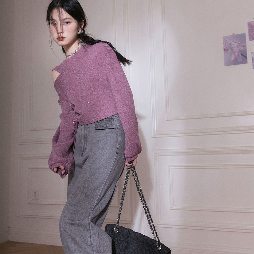 Áo Dệt Kim Trễ Vai Cổ Tròn Thời Trang Hàn Quốc Cho Nữ