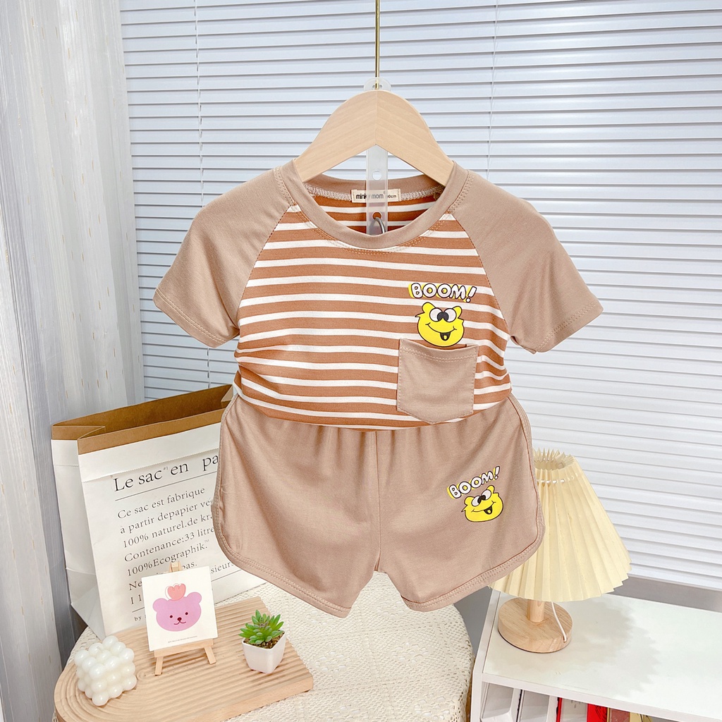 Bộ cộc tay cho bé trai bé gái, Bộ cộc tay Minky mom chính hãng thun lạnh vải sọc dệt có túi cho bé từ 7-28kg