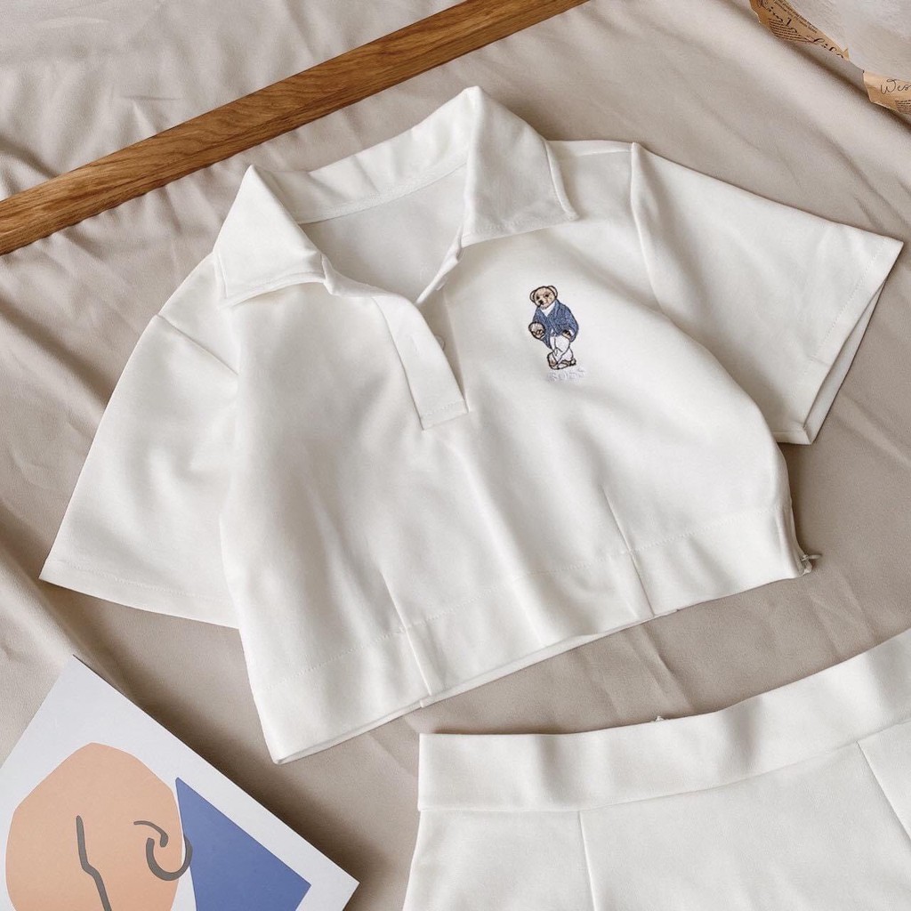 Sét bộ áo cổ bẻ croptop hoa cúc với chân váy chữ A siêu xinh