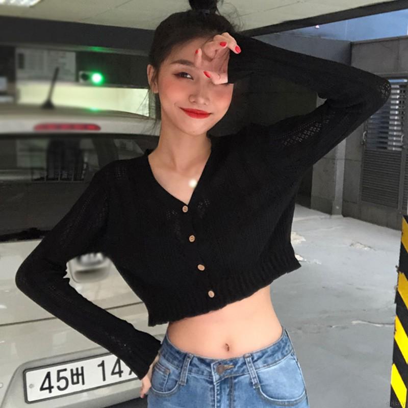 Áo Cardigan Dệt Kim Tay Dài Cổ Chữ V Phối Hàng Nút Phong Cách Hàn Quốc