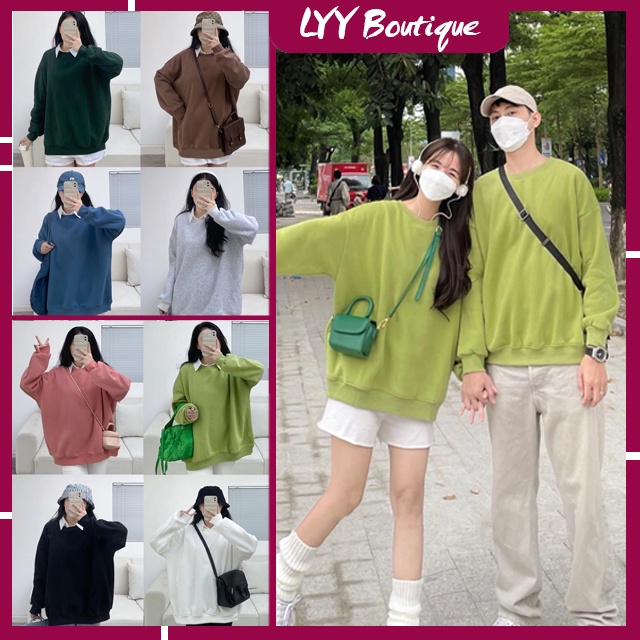 Áo Sweater Unisex Nỉ Bông dày, Áo nỉ đôi nam nữ cổ tròn trơn form rộng 10 màu LYY BOUTIQUE