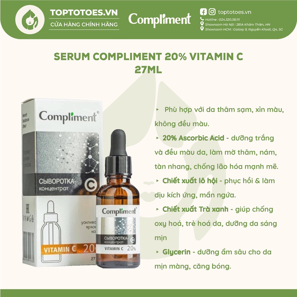 Serum Compliment 20% Vitamin C dưỡng trắng, mờ thâm, căng bóng da 27ml