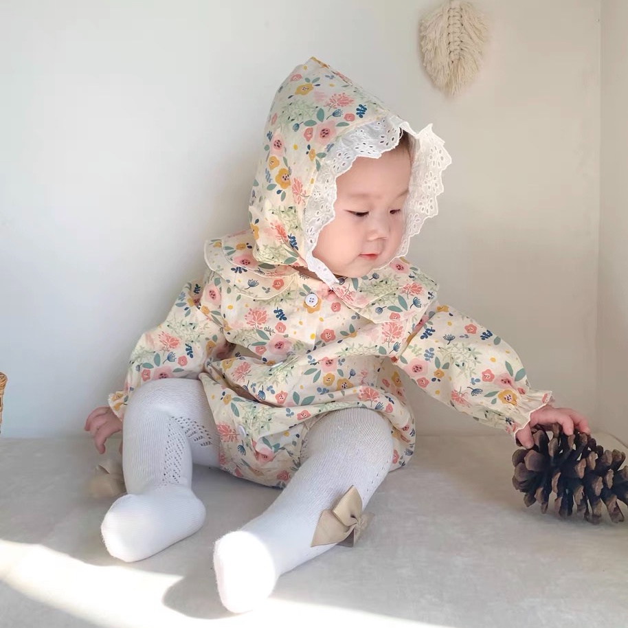 Baby Clothing for Girls Floral Long Sleeve Baby Romper with Hat 2pcs 0-24 Months Newborn Jumpsuit Bodysuit