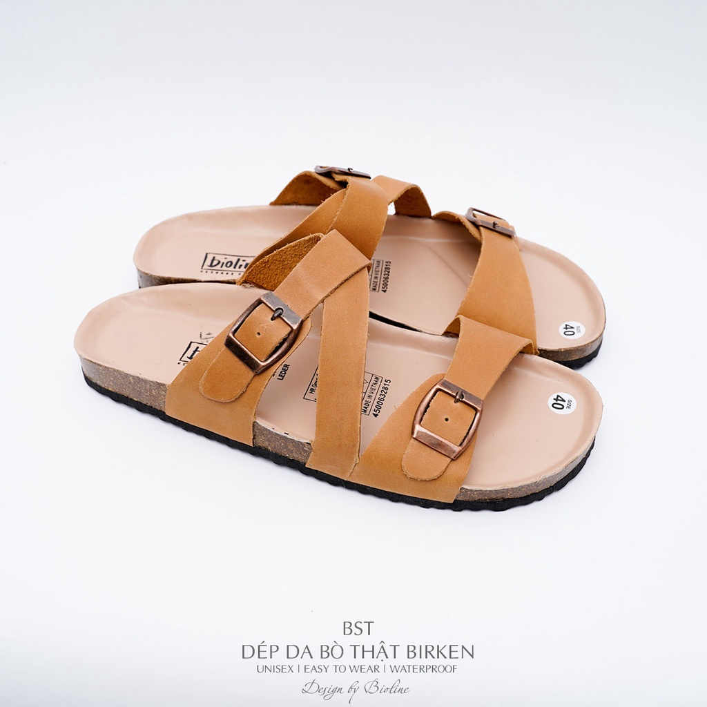 DK25-LÓT CHỐNG NƯỚC- Dép đế trấu Birken da bò thật nam nữ unisex quai ngang BIOLINE