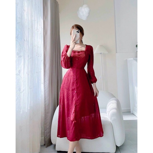 đầm đỏ bi nổi tay dài midi siêu xinh cho bạn gái,váy nữ đi làm đi chơi đi tiệc siêu tôn dáng tôn da