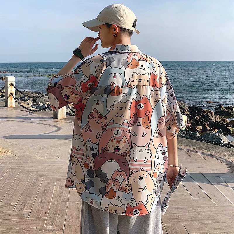 Hawaiian Style Cat Printed Short Sleeve Shirt For Men