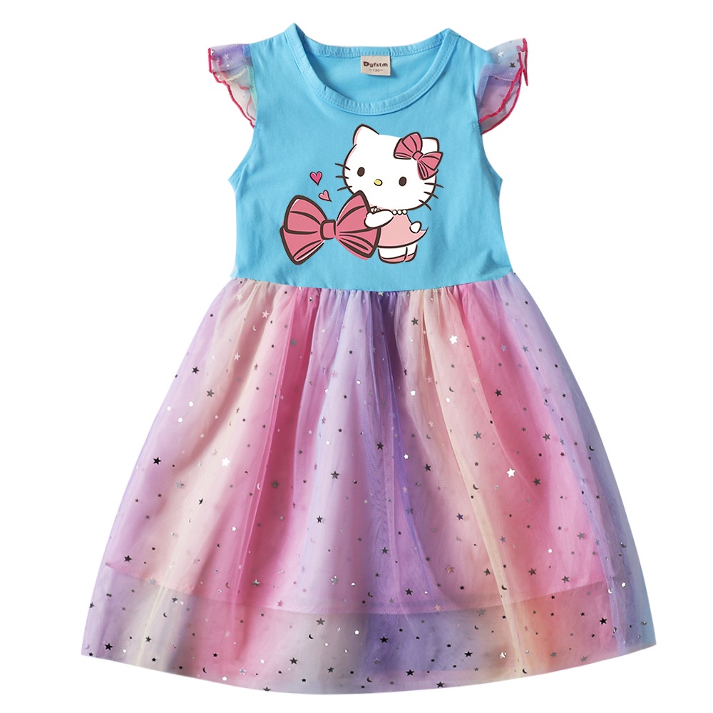 Mới Đầm Tay Ngắn Hình Hello Kitty Màu Cầu Vồng Cho Bé Gái