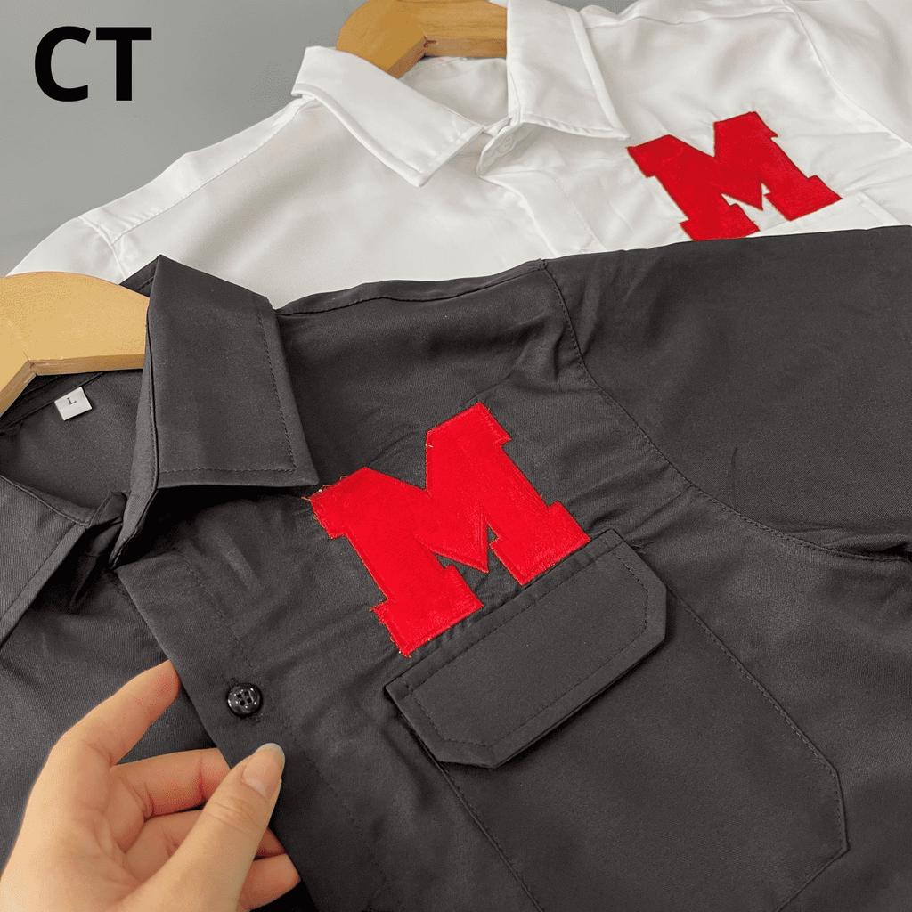 Áo Sơ Mi Nam Tay Ngắn Vải Đũi Túi Hộp Logo In Nổi Chữ M Chuẩn Form Lịch Sự Sang Trọng - SM 363 TUI HOP LOGO CHU M