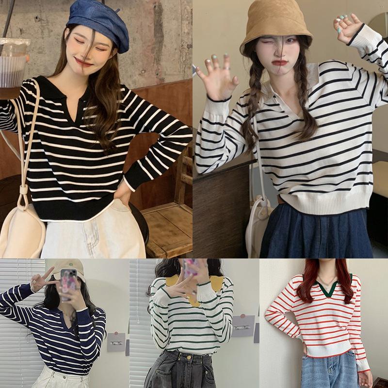 Áo len tay dài dáng rộng họa tiết kẻ sọc phong cách retro Hàn Quốc cho nữ