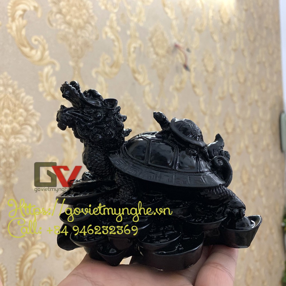 Tượng đá long quy _ Rùa đầu rồng trang trí phong thủy - Long quy cõng rùa con - Cao 10cm - Màu Đen Tuyền