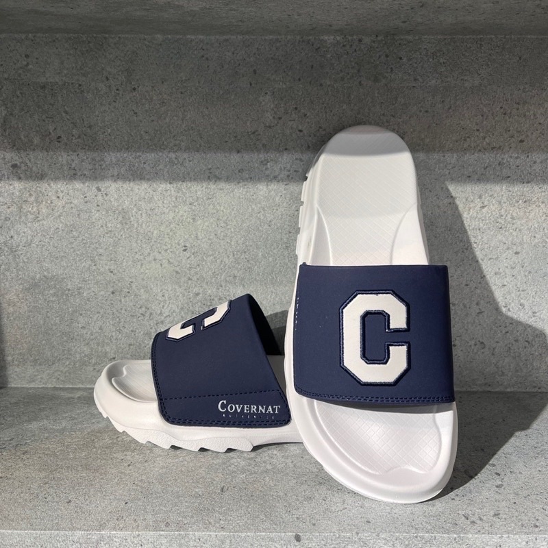 [ Hàng Cao Cấp] Dép quai ngang Covernat nam nữ tăng chiều cao 4cm quai xanh Navy in chữ C trắng