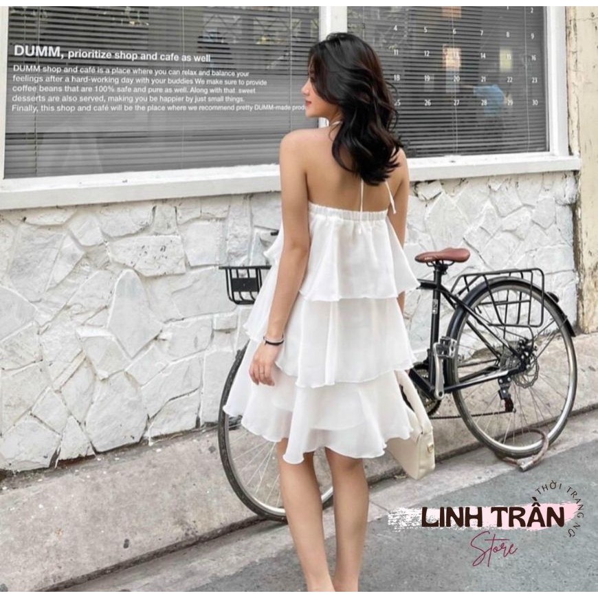 Đầm Trắng Cổ Yếm 3 Tầng 🦋 Váy Nữ Hở Vai Dáng Xòe Chất Lụa 🦋