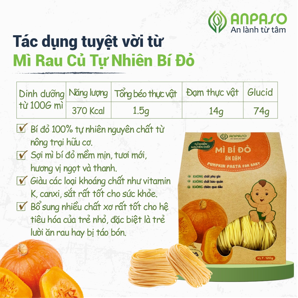 Mì Bí Đỏ Ăn Dặm Anpaso, Mì Organic Bí Đỏ Ăn Dặm kiểu Nhật cho bé từ 7 tháng bổ sung chất xơ, cải thiện táo bón 120g