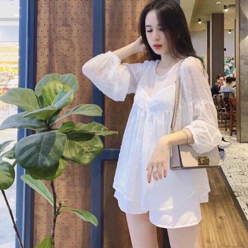 Set áo babydoll chấm bi quần cọc (set bộ ba chi tiết)