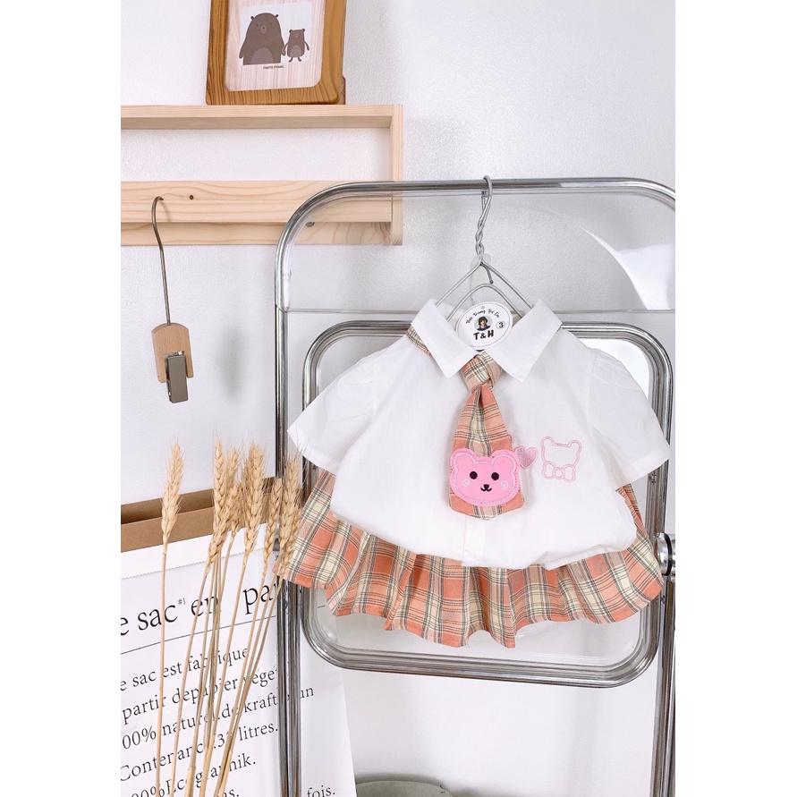 SET63- Váy cho bé, set đồng phục nữ sinh, cà vạt gấu bé gái kiểu Hàn Quốc cho bé từ 8-17kg