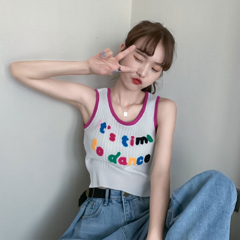 Áo Croptop Dệt Kim Không Tay Thêu Chữ Nhiều Màu Sắc Dành Cho Nữ