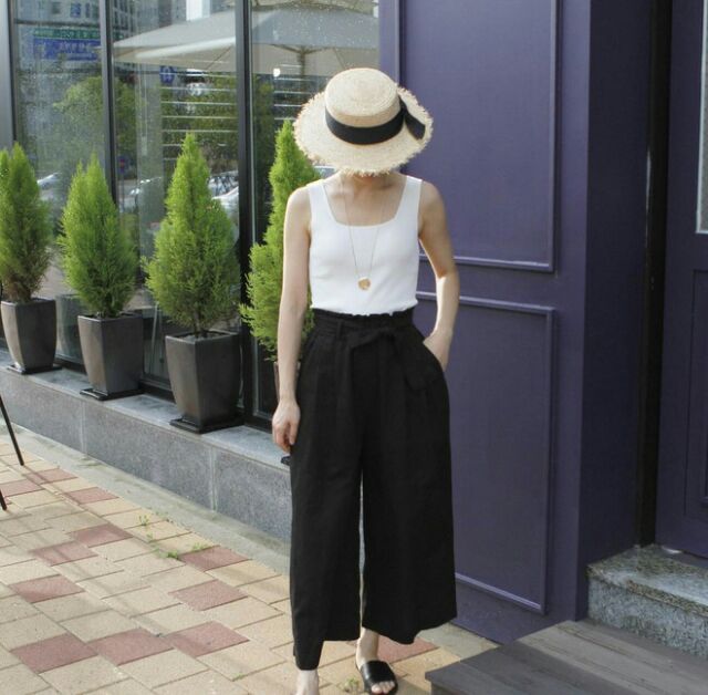 Quần Culottes Ống Rộng Thắt Nơ Vải Đũi