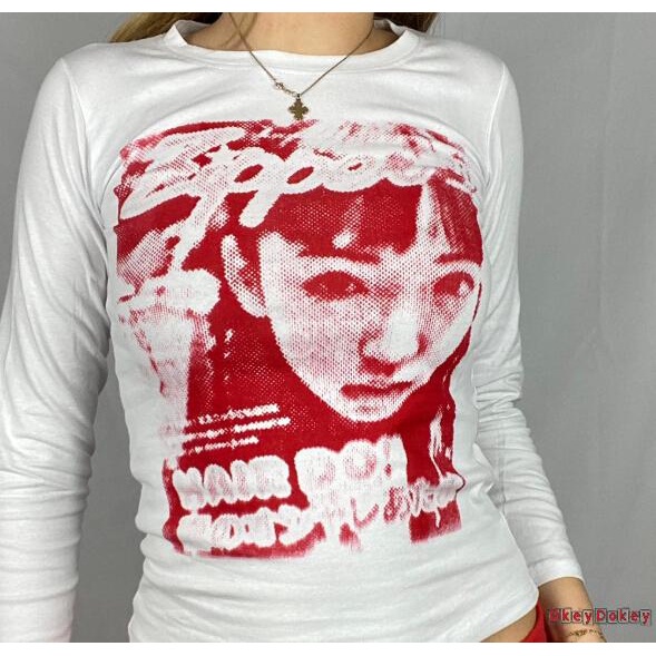 Áo thun tay dài cổ tròn in hình mặt người cá tính