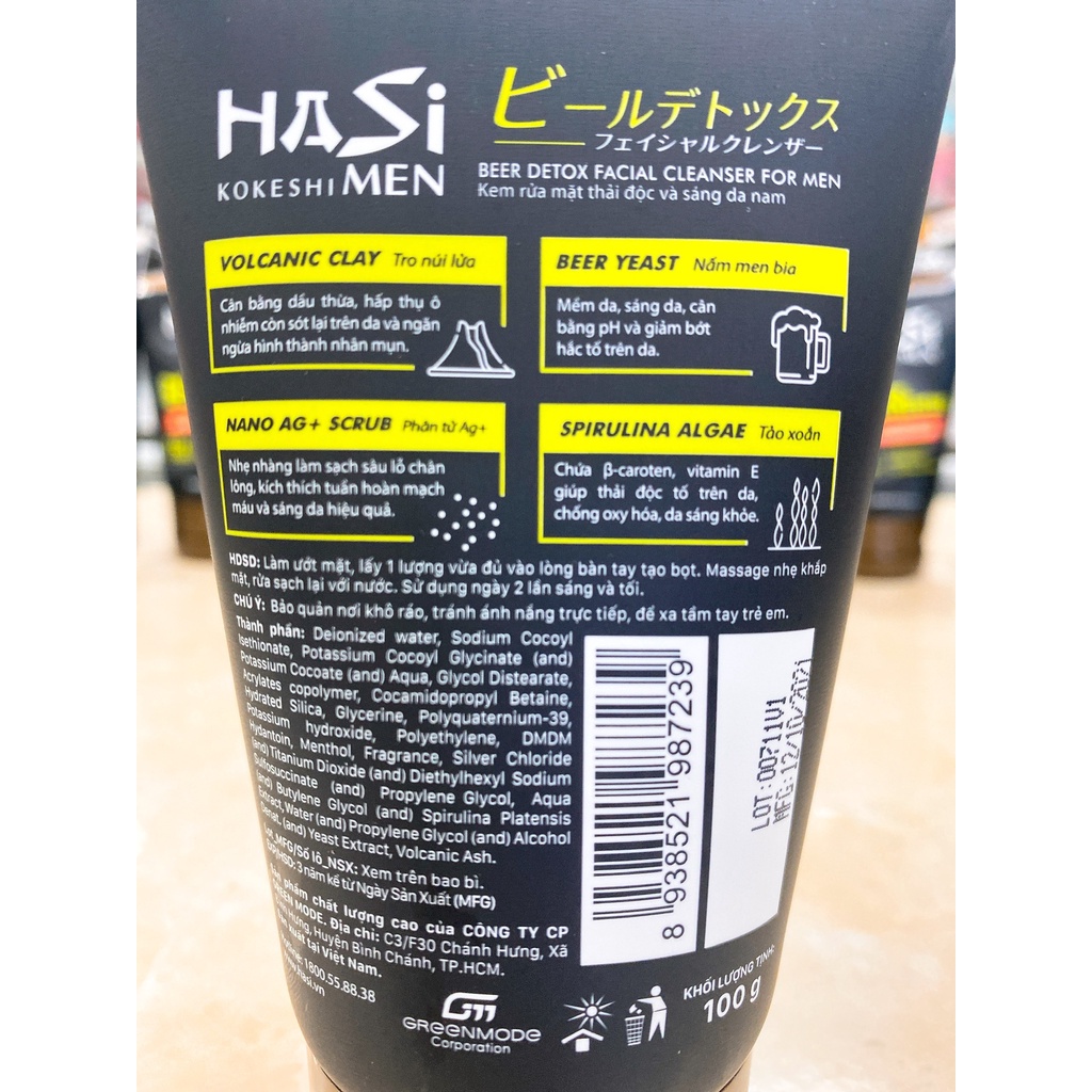 Sữa Rửa Mặt Nam Hasi Kokeshi Sạch Sâu Sáng Da Beer Detox Facial Cleanser For Men 100g