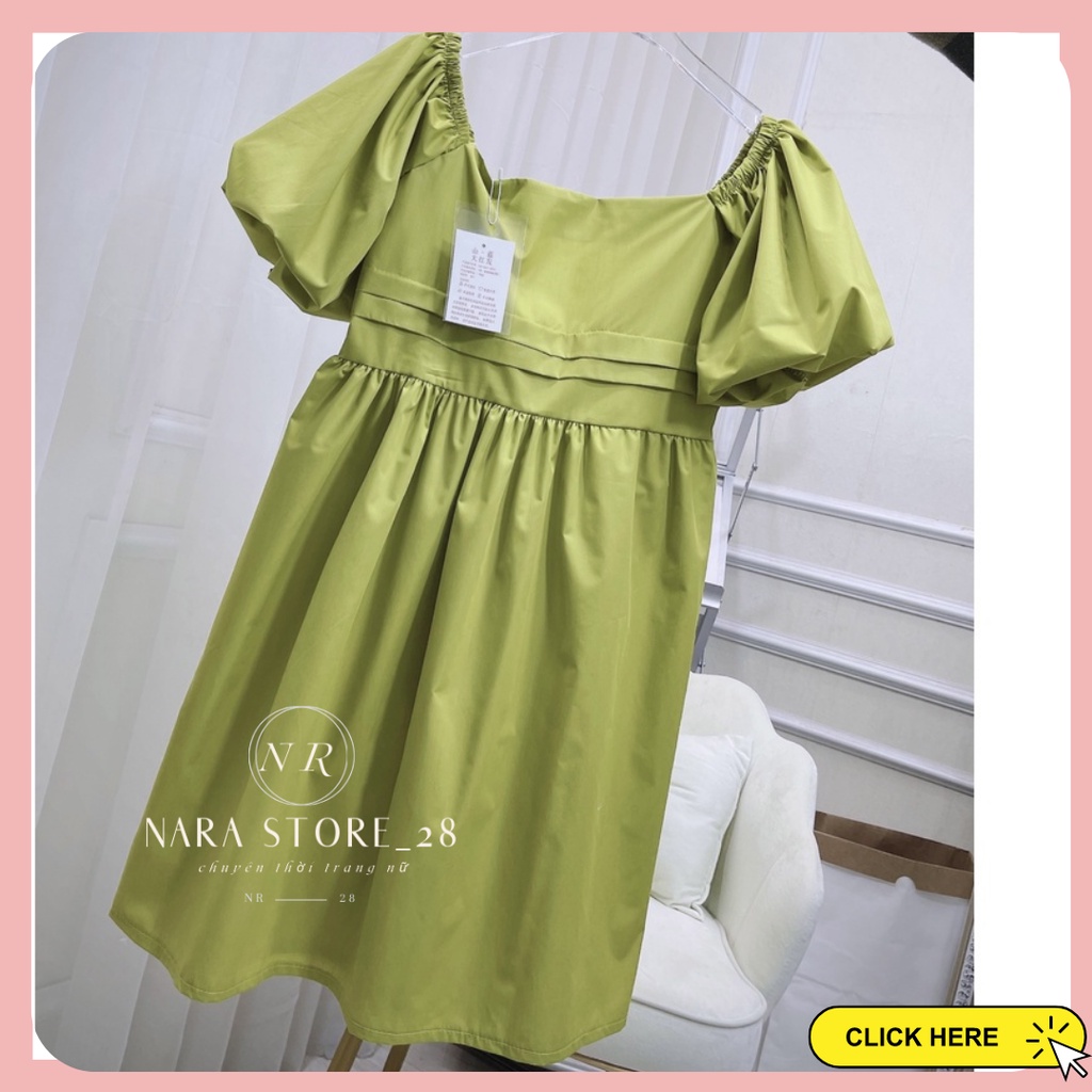 Váy babydoll xanh cốm, đầm babydoll tay phồng cổ vuông dáng xòe nơ lưng tiểu thư sang chảnh