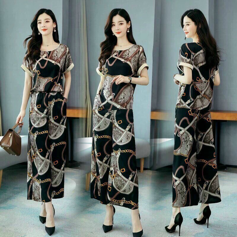 Set Đồ Hoạ Tiết Hoa Bẹt Vai - Bộ Voan Lụa Quần Dài Ống Suông Áo cổ Bẹt Tay Lỡ Cao Cấp Sang Chảnh | BigBuy360 - bigbuy360.vn