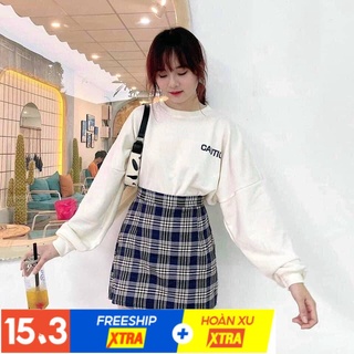 Set Bộ Chân Váy Kẻ Caro Dáng Chữ A Kèm Áo Phông Trắng So Hot