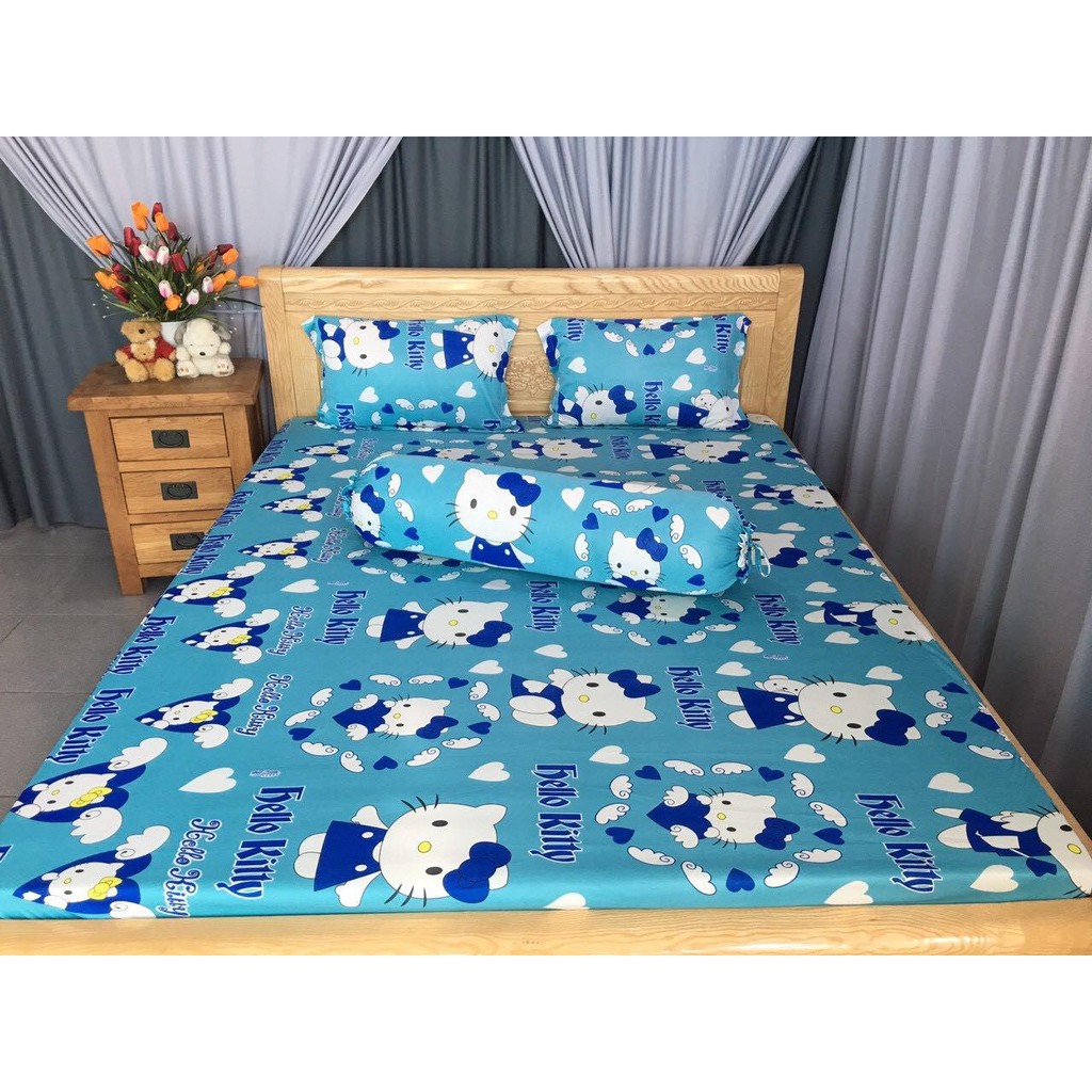 Drap thun❤️FREESHIP❤️ga thun lạnh Hàn Quốc mẫu mèo nơ ( 1 ga, 3 áo gối)