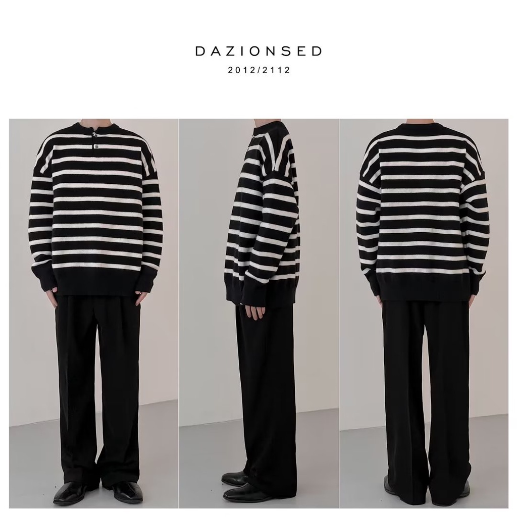 Áo Sweater Dệt Kim Cổ Tròn Kẻ Sọc Ngang Phối Nút Thời Trang Hàn Quốc Cho Nam Size M-2XL