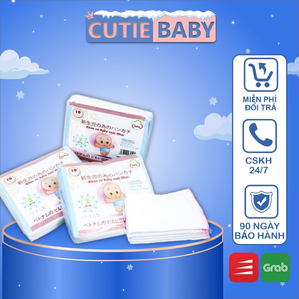 Set 10 Chiếc Khăn Xô Sữa Trắng Cutiebaby 2-4 lớp, có viền, 32x32 cm, siêu thấm, siêu mềm cho bé trai, gái, trẻ (1 gói)