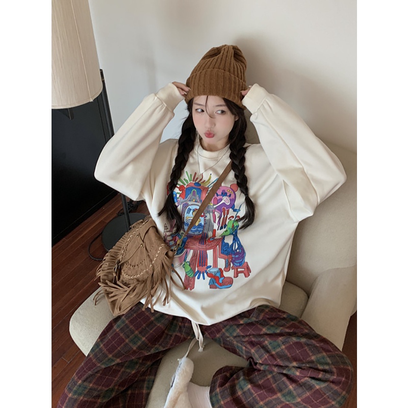 Áo Sweater Cổ Tròn Tay Dài Dáng Rộng In Họa Tiết Hoa Xinh Xắn Thời Trang Hàn Quốc Cho Nữ