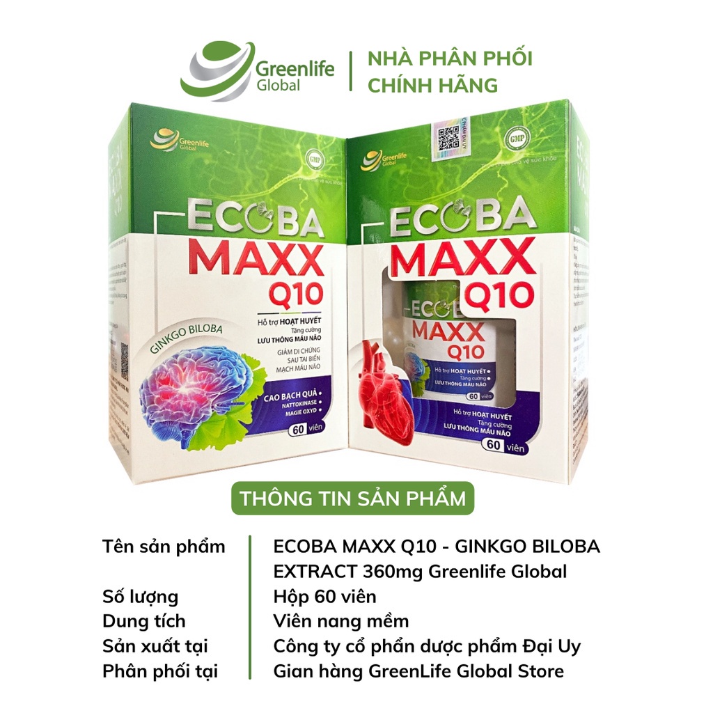 Viên uống bổ não GrnLife Ecoba Maxx Q10 Ginkgo 360mg - lưu thông, tuần hoàn máu não (60 viên nang mềm )