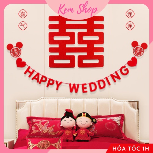 Dây chữ HAPPY WEDDING vải nỉ dạ màu đỏ trang trí đám cưới, phòng cưới - Kem Shop K260