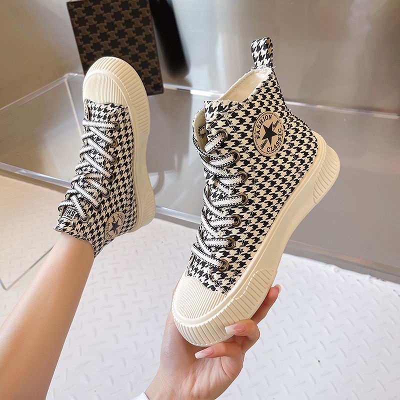 Giày nữ, sneaker nữ, giày vải nữ cổ cao họa tiết kẻ cực thời trang trendy Mã 906