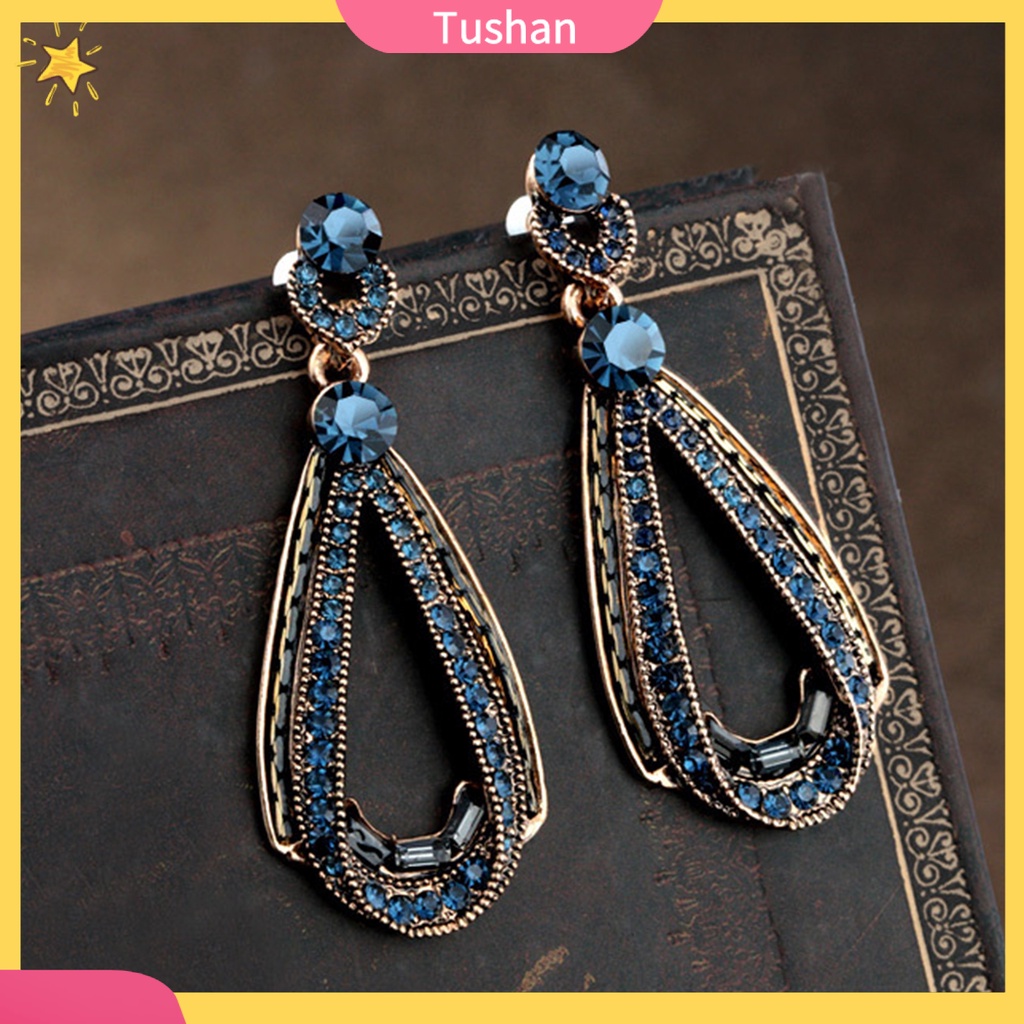 Bông tai dáng dài đính đá xanh dương thời trang dự tiệc cho nữ