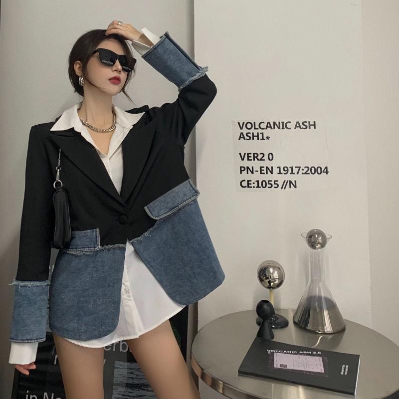 IELGY     Áo Khoác denim Dáng Rộng Phối Màu Sắc Tương Phản Thời Trang Cho Nữ