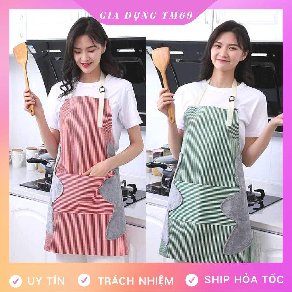 Tạp Dề Nấu Ăn Chống Thấm Nước Vải Kẻ Hoa Dễ Thương Có Túi Nail Pha Chế Cao Cấp Có Chỗ Lau Tay