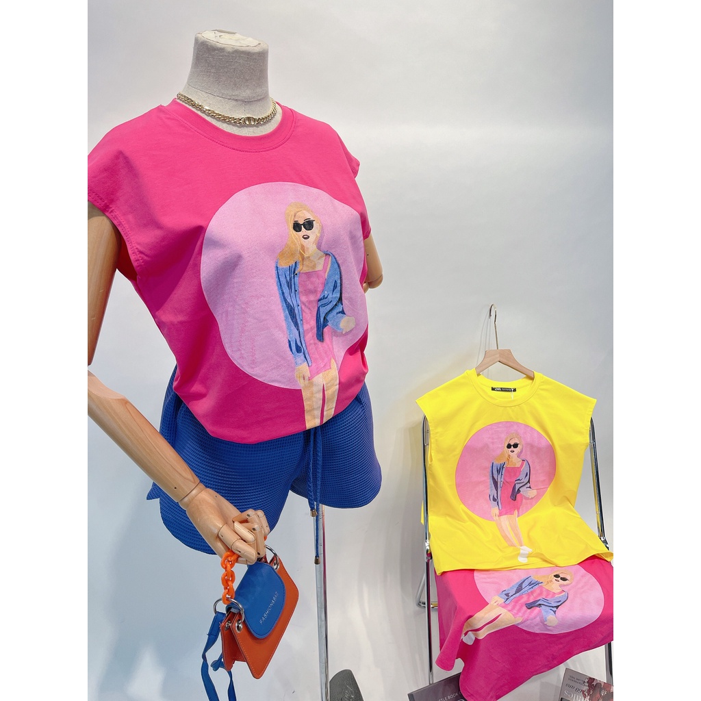 Áo thun nữ kiểu trễ vai in hình Girl Pink dress 2 màu hồng và vàng tươi chất  cotton 100% siêu mát mịn