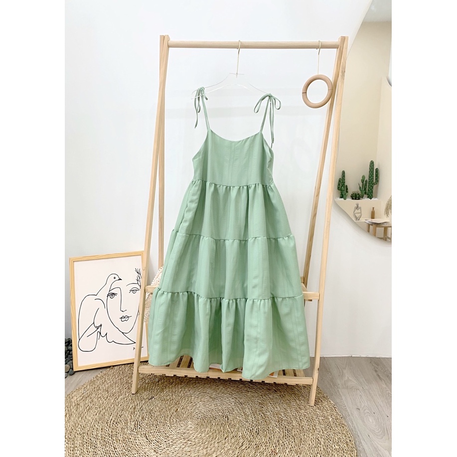 Váy Hai Dây Babydoll Buộc Nơ Vai Xòe Tầng, Đầm Maxi Chất Đũi Mềm Mát