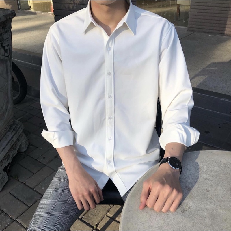 Áo sơ mi Nam phom suông dài tay, vải lụa ít nhăn, phong cách hàn quốc [Silk White Shirt]