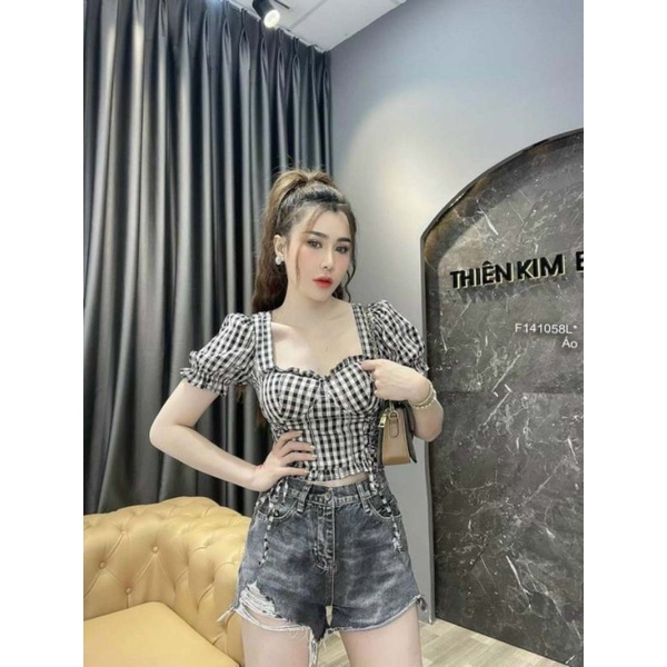 Áo caro croptop cúp ngực đan dây hai bên eo thắt dây nơ lưng tay bầu!