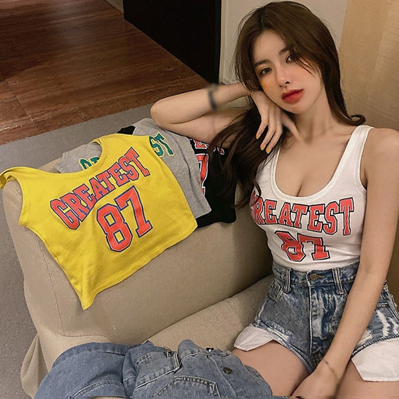 Áo Croptop Sát Nách Cổ Chữ U In Chữ Phong Cách Thể Thao Thời Trang Cho Nữ