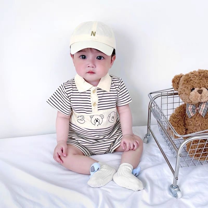 Bộ Áo Liền Quần Ngắn Tay Họa Tiết Kẻ Sọc Thời Trang Hàn Quốc Cho Bé Trai