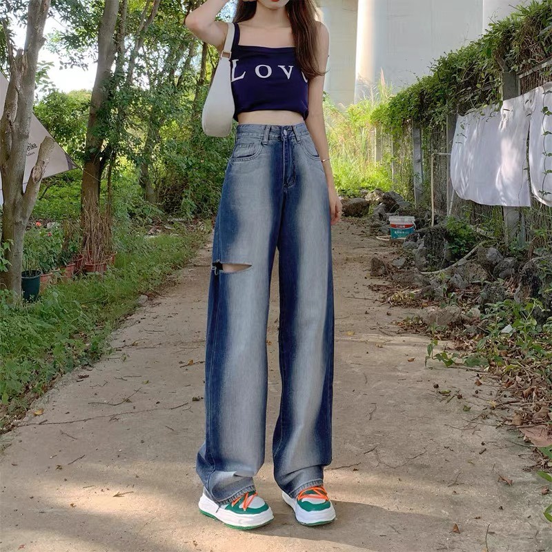 Quần Jean Lưng Cao Ống Rộng Màu Gradient Dễ Phối Đồ Thời Trang Mùa Hè Cho Nữ