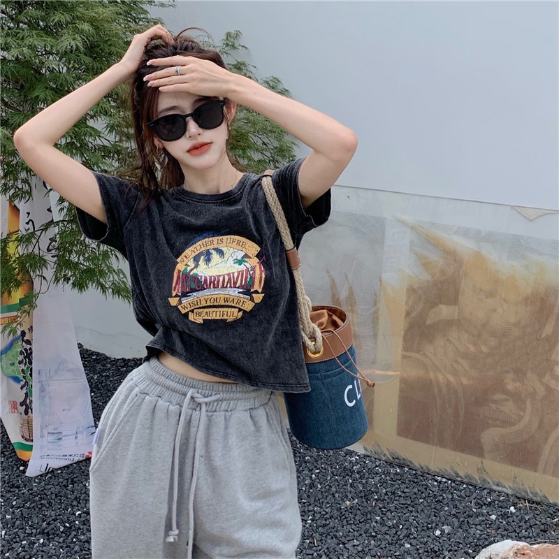 QKOOLE Áo thun nữ  ngắn tay cổ tròn thời trang Hàn Quốc